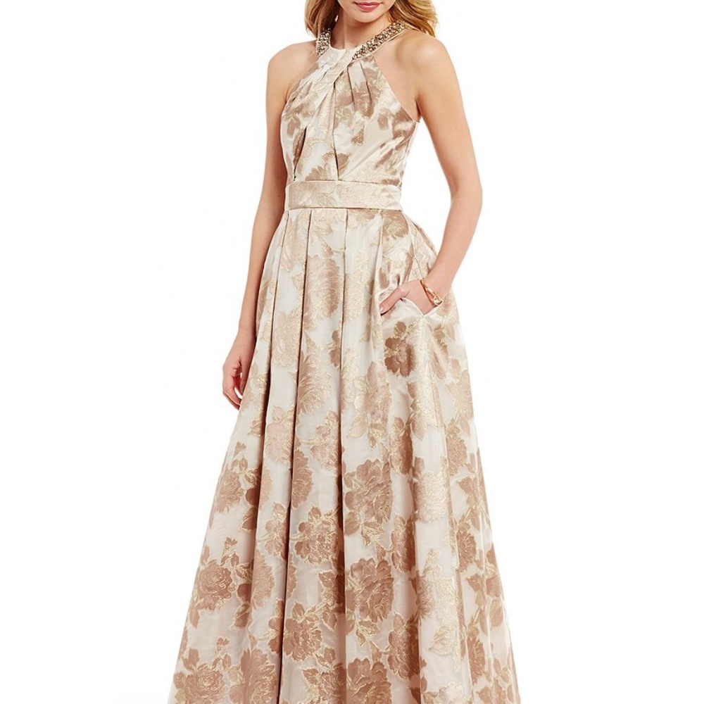 Eliza J Beaded Halter Neck Floral Blush Ball Gown